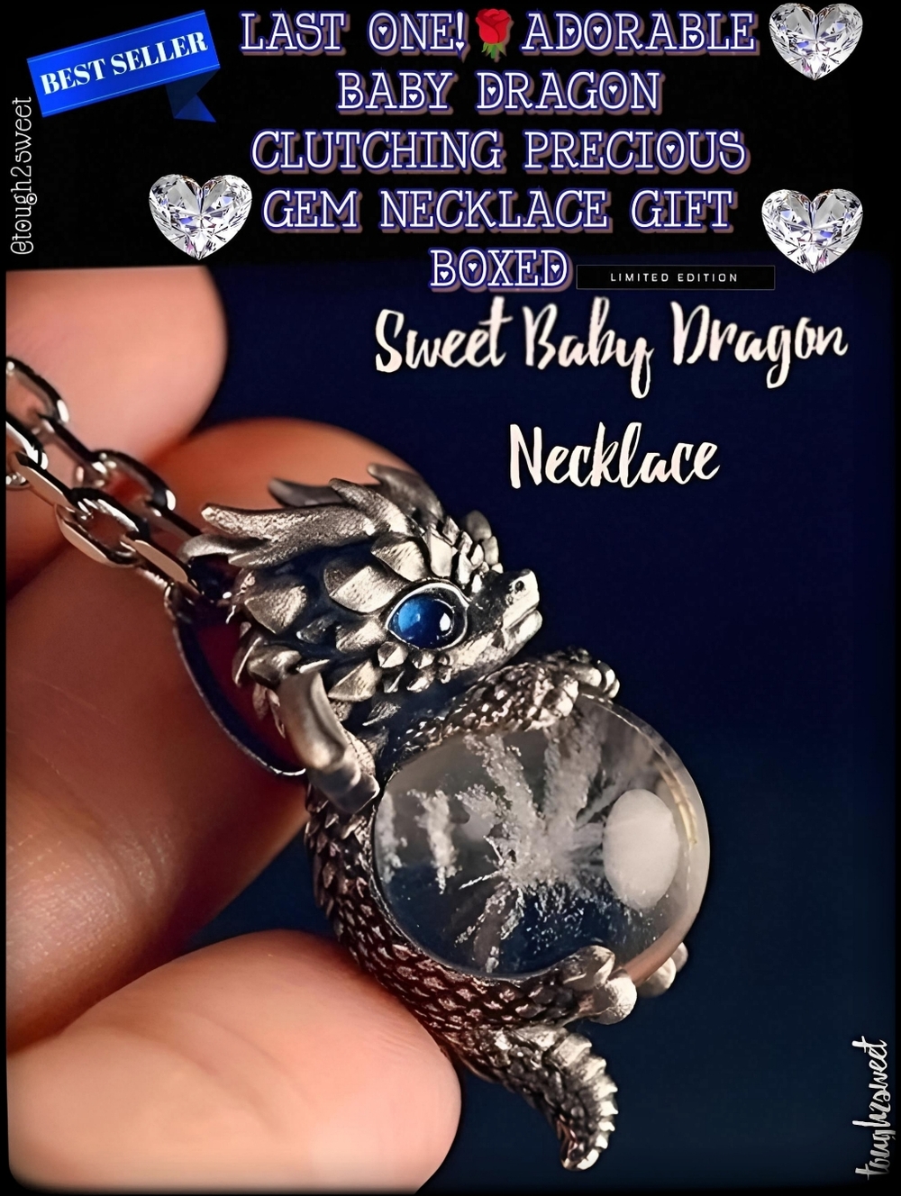 🆕️LAST ONE!🌹ADORABLE BABY DRAGON CLUTCHING PRECIOUS GEM NECKLACE GIFT BOXED